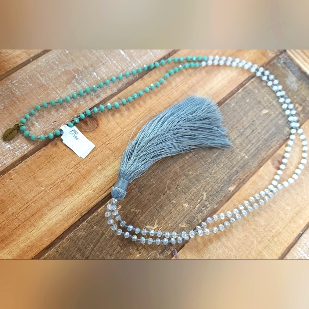 Zacasha Faceted Crystal Tassel Drop Long Necklace NWT Colorblock Ombre Grey aqua